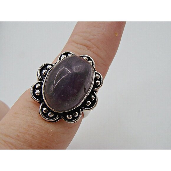 Amethyst Natural Stone Ring Sterling Silver Plated Birthstone Floral Frame 7.5 - Picture 10 of 10